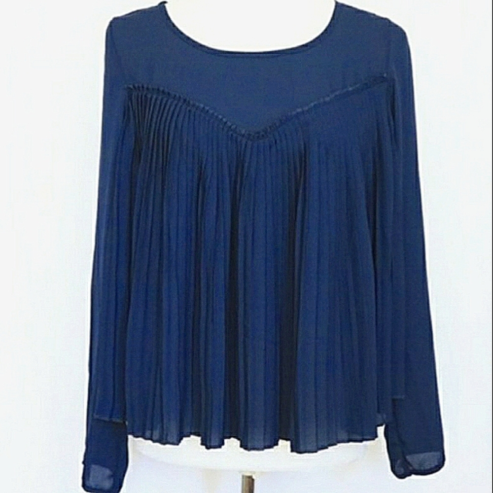 Elodie Blue Pleated Long Sleeved  Blouses